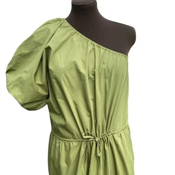 SWF Anthropologie puff sleeve one shoulder maxi dress olive green agave  size med